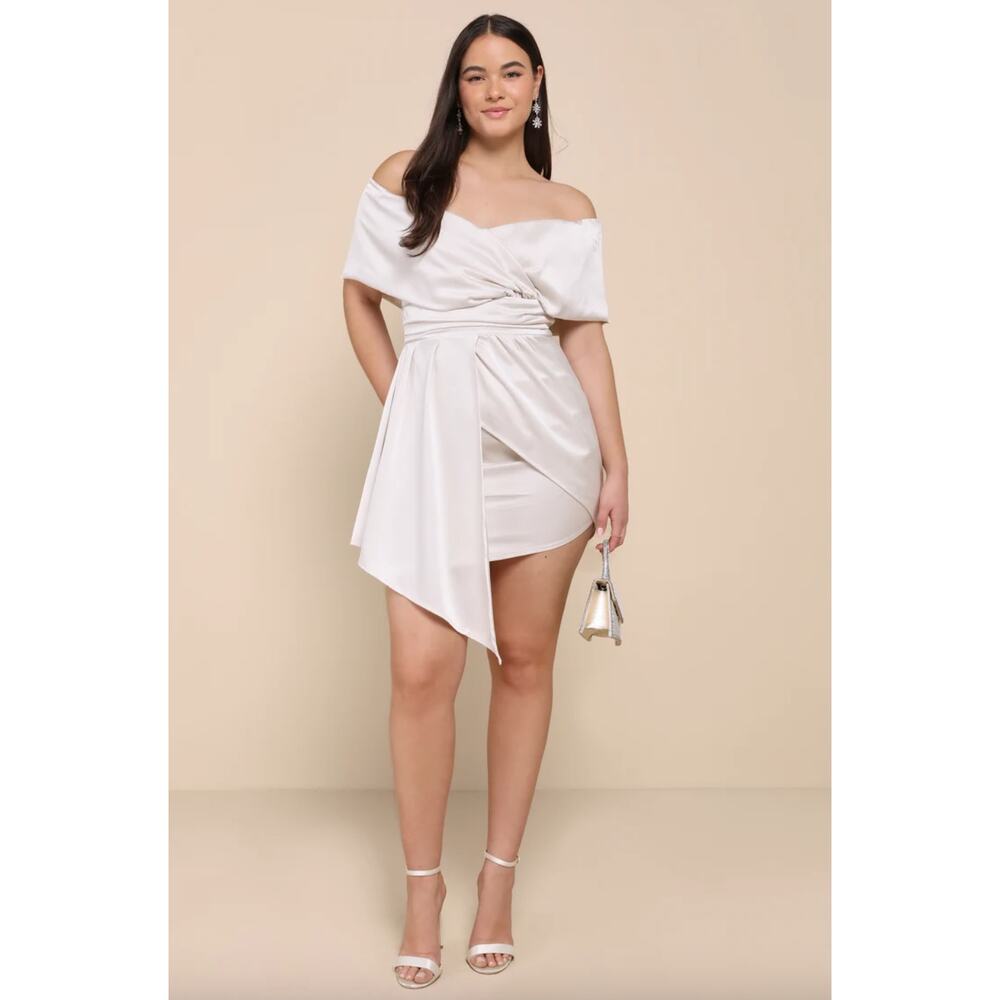 NEW lulus Always Celebrating Ivory Satin Off-the-Shoulder Mini Dress Size L